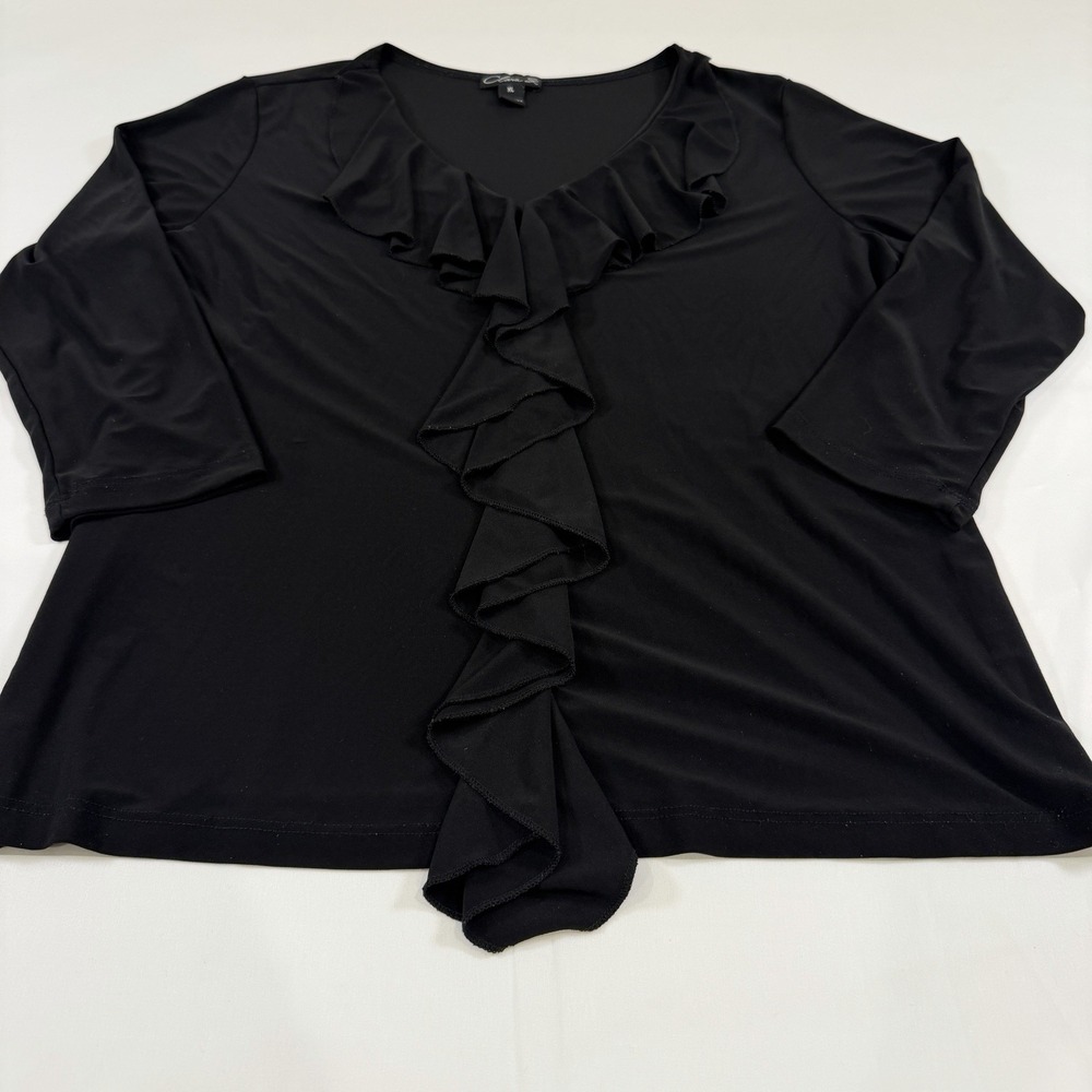 Clara S. Women's XL Black Shirt w/ Ruffle Neck Solid V-Neck Dressy Soft Comfy